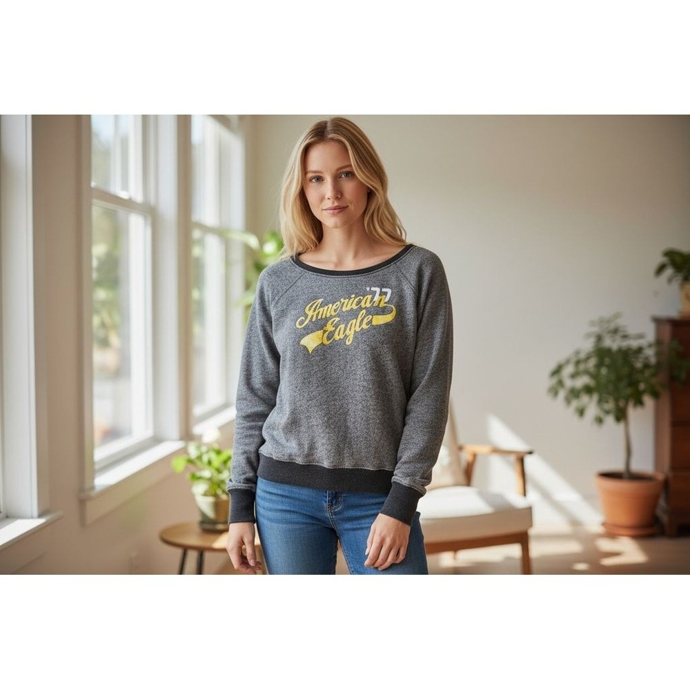 American Eagle Women's distressed Gray Vintage Sweatshirt S French terry velvet